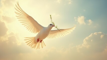 Obraz premium white dove holding an olive branch, with soft feathers 