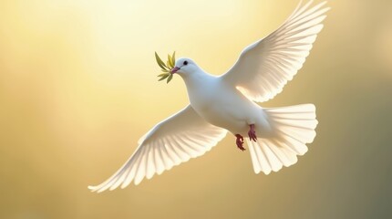 Obraz premium white dove holding an olive branch, with soft feathers 