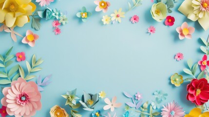 Obraz premium A Pop of Color: Handmade Paper Flowers Against a Light Blue Canvas