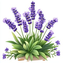 Fototapeta premium Vibrant Lavender Plant Illustration Featuring Lush Green Leaves and Beautiful Purple Blooms on White Background