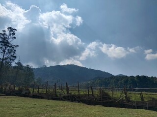 This photograph showcases rolling green hills under a bright blue sky with dramatic clouds and...