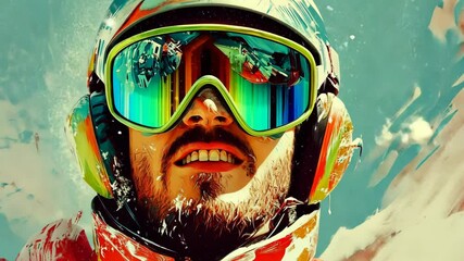 Bright and colorful skiing adventure captured in a snowy mountain setting with vibrant gear and joyful expression - Powered by Adobe