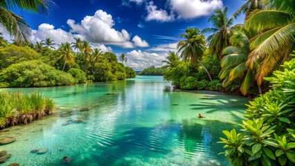 Obraz premium Serene Tropical Lagoon with Palm Trees and Crystal Clear Water