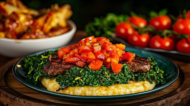 Exploring kenyan cuisine ugali with sukuma wiki & tomato salsa in vibrant food photography