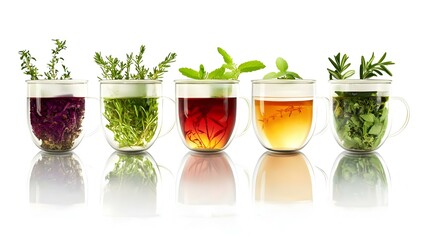 Cups of herbal tea with various herbs isolated on white background