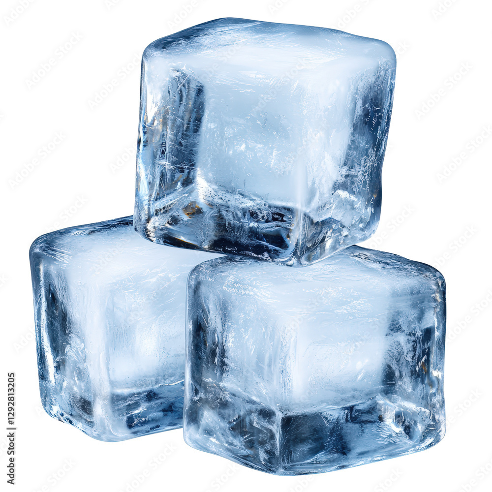 Poster three crystal clear ice cubes perfectly shaped and positioned on a smooth surface for refreshing bev