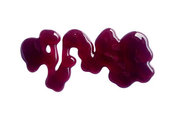 Blueberries jam spots, drops and lines isolated on white background. Abstract pattern of blueberry purple syrup spill. Flat lay, top view, close up.