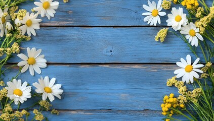 Fototapeta premium Floral border on distressed blue wood