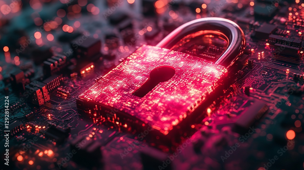 Poster futuristic electronic circuit with neon padlock and placeholder text showcasing cybersecurity, perso