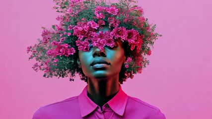 Creative portrait of a woman with a vibrant flower crown against a pink backdrop - Powered by Adobe