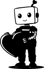 Fototapeta premium A cartoon robot holds a large red heart, expressing care