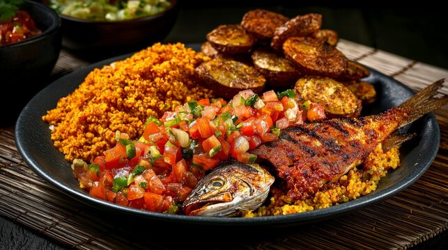 Culinary delight close-up of ivorian attieke with grilled fish and plantains from cote d'ivoire