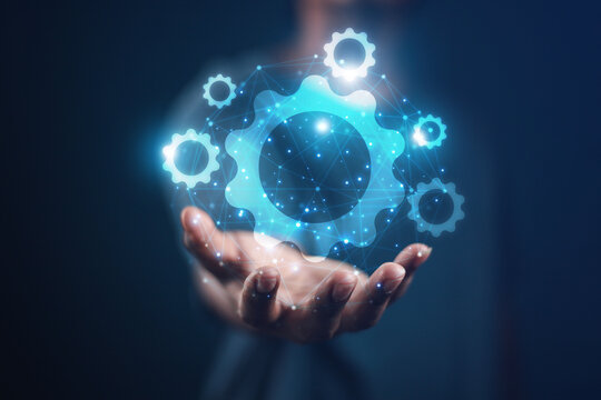 Businessman presenting futuristic business world metaverse graphic. In the form of innovation in digital business processing technology, innovation of the 21st century	