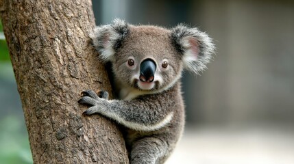 Fototapeta premium Koala joey clinging to tree trunk, blurred background