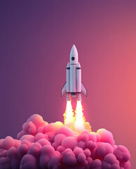 Obraz premium Rocket launch with clouds isolated on pink and magenta gradient background