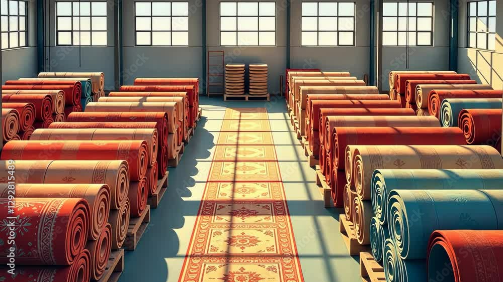 Poster a warehouse with many rolls of carpet stacked on pallets. the carpet is in various colors and sizes