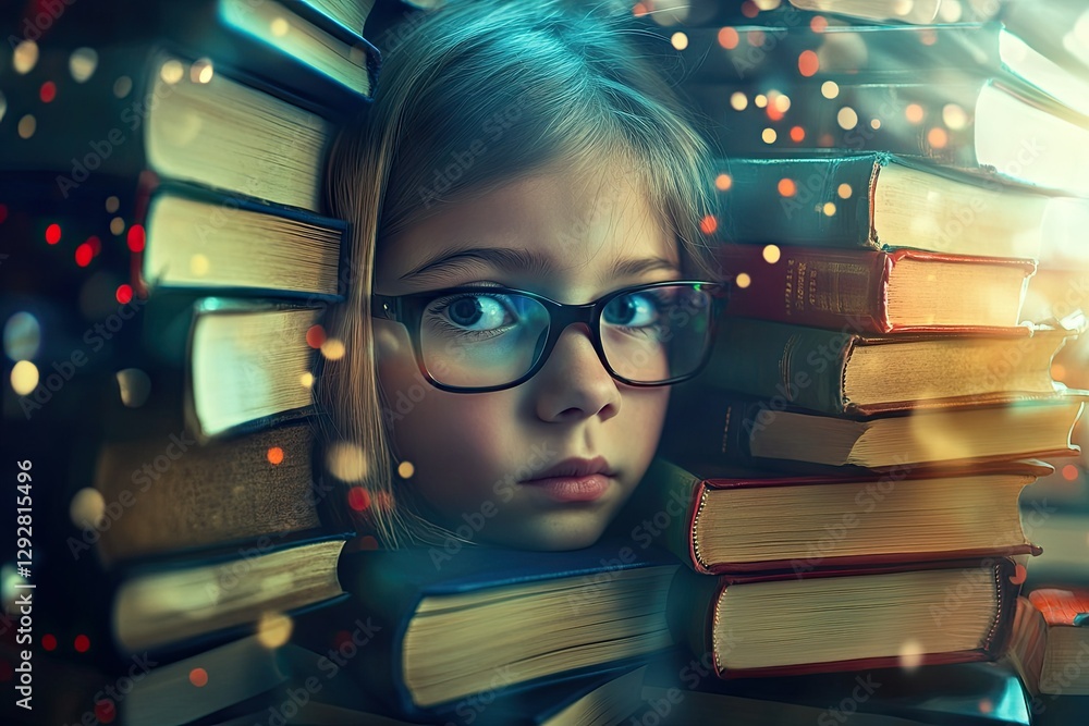 Poster vibrant image of composite image of pupil with many books