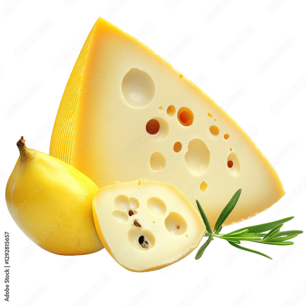 Poster piece of cheese next to a slice of pear on a rustic wooden surface creating an elegant and gourmet f