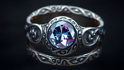 A magical silver ring with swirling rune engravings and a floating gemstone 