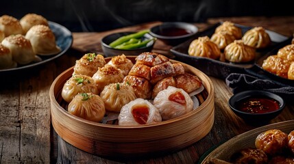 Delicious dim sum feast traditional restaurant food photography rustic setting top view culinary experience