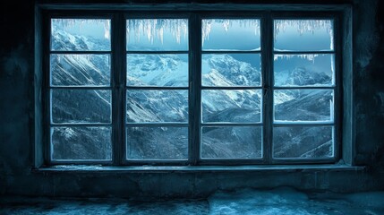 Winter window with ice patterns, making a beautiful blue background. 