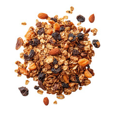 Obraz premium Granola cereal with nuts and dried fruits displayed on a white background, granola cerealsisolated on white background