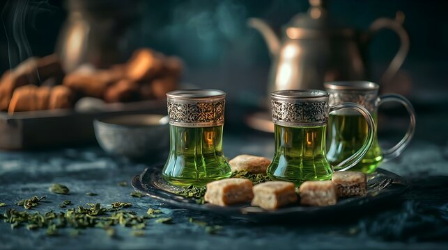 pialas with green tea on a dark background
