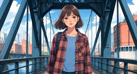 Fototapeta premium Teen girl in plaid shirt standing under city bridge background anime cartoon illustration