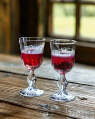 Two glasses of refreshing berry juice sit on a rustic wooden table near a window.