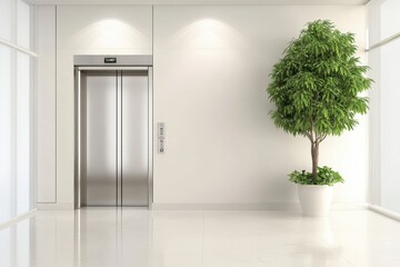 A large building has a corridor with an elevator