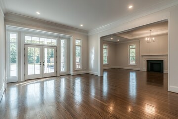 Fototapeta premium A large vacant room with gleaming wood floors clean white walls and sunlight filtering in through a glass door