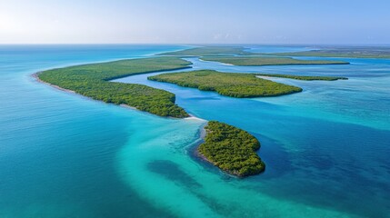 Aerial view of lush green islands surrounded by turquoise waters in a tropical paradise