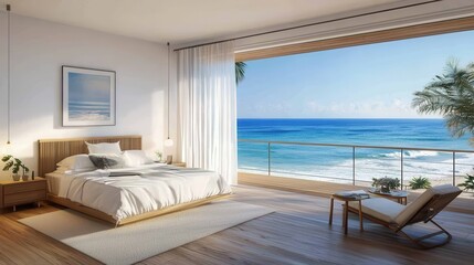 Elegant room design boasting a private balcony with ocean vistas.