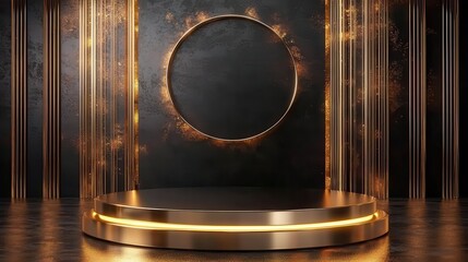 Elegant gold podium stage with a luxurious golden 3D display.