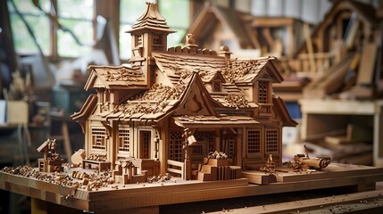 Fototapeta premium Intricate Wooden Model of a Vintage House Crafted with Precision in a Rustic Workshop Environment