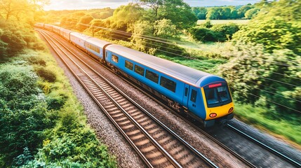 Fototapeta premium A bright blue train travels along its tracks in the countryside