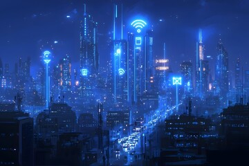 Fototapeta premium Futuristic Cityscape Illuminated by Glowing 5G Signals Connecting Smart Buildings and Autonomous