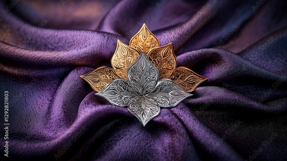 Poster exquisite bronze and silver textile presentation featuring kanok pattern in an elegant cultural disp