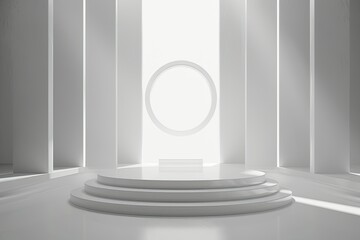 High Resolution Visual of Abstract White Room with Empty Stage and Bright Light and Podium
