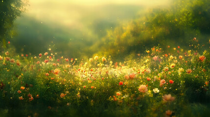 Fototapeta premium Soft-focus Cosmos Flowers Blooming in a Green Landscape 