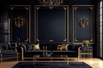 Explore the modern aesthetic of a luxury living room with black and gold accents.