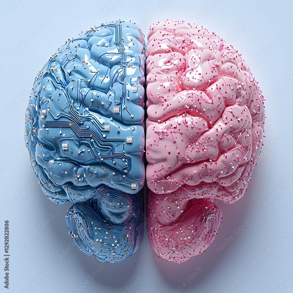 Poster human brain hemispheres digital and analog neural networks artificial intelligence concept
