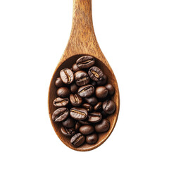 Fototapeta premium Roasted coffee beans in wooden spoon with freshly brewed coffee on a bright morning, Roasted coffee beans in wood spoon and fresh coffee isolated on Transparent background