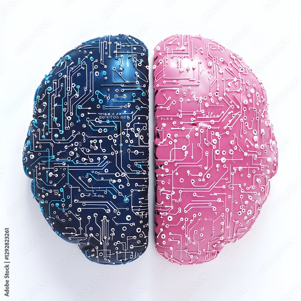 Poster digital brain hemispheres ai circuit board neural network technology concept