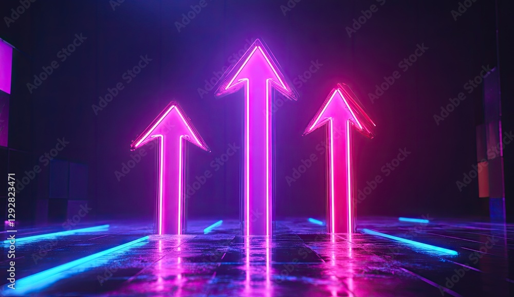 Poster neon arrows pointing upward in futuristic space