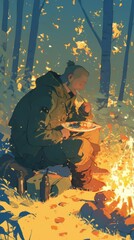 Fototapeta premium Man Painting by Campfire Autumn Forest