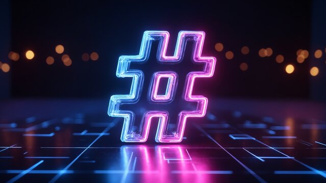 3D hashtag with iridescent metallic sheen. Cyberspace background.