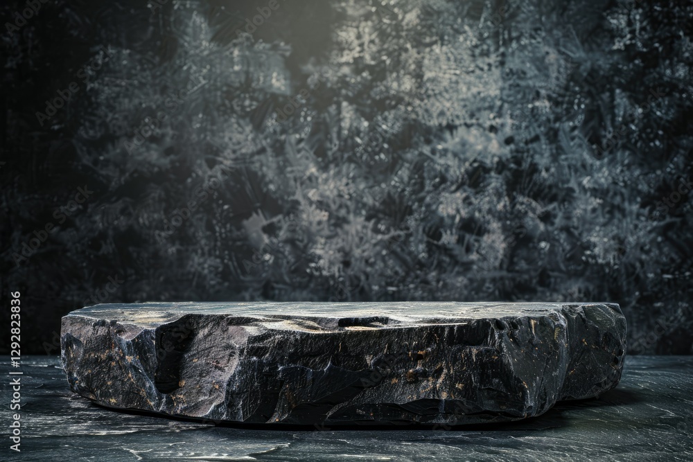Poster dark stone platform with textured background for dramatic product display scene
