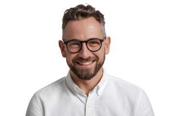 Smiling Middle-Aged Man with Beard and Glasses Isolated on Transparent Background PNG