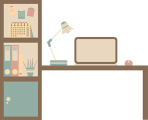 Work Desk with Laptop and Bookshelf, Minimalist Office Interior